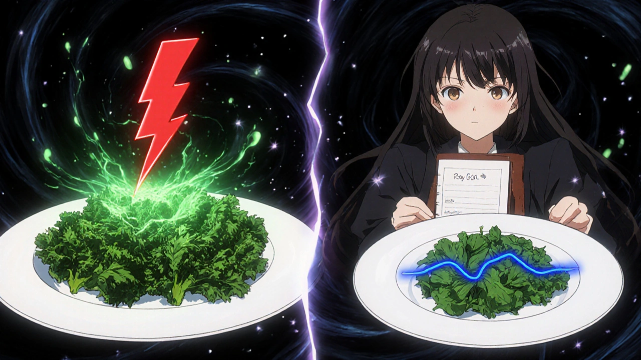 Contrasting plates of cooked kale and raw spinach with INR spike and steady line above.