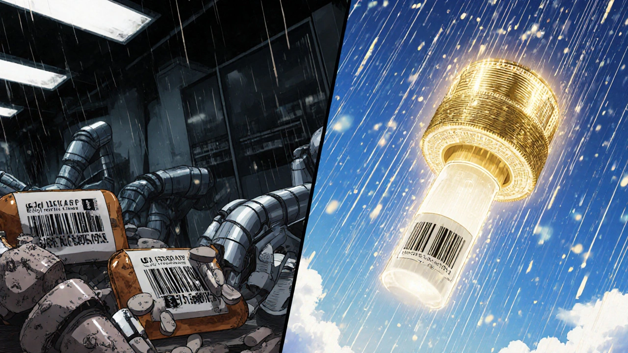 Contrasting scenes: a dark counterfeit lab vs. a high-tech factory where digital signatures rise from pill bottles.