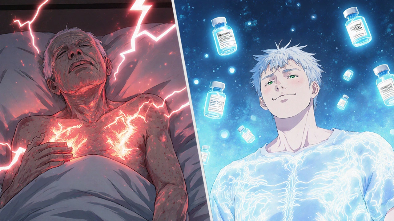 Contrasting scenes of shingles pain versus peaceful protection after vaccination.