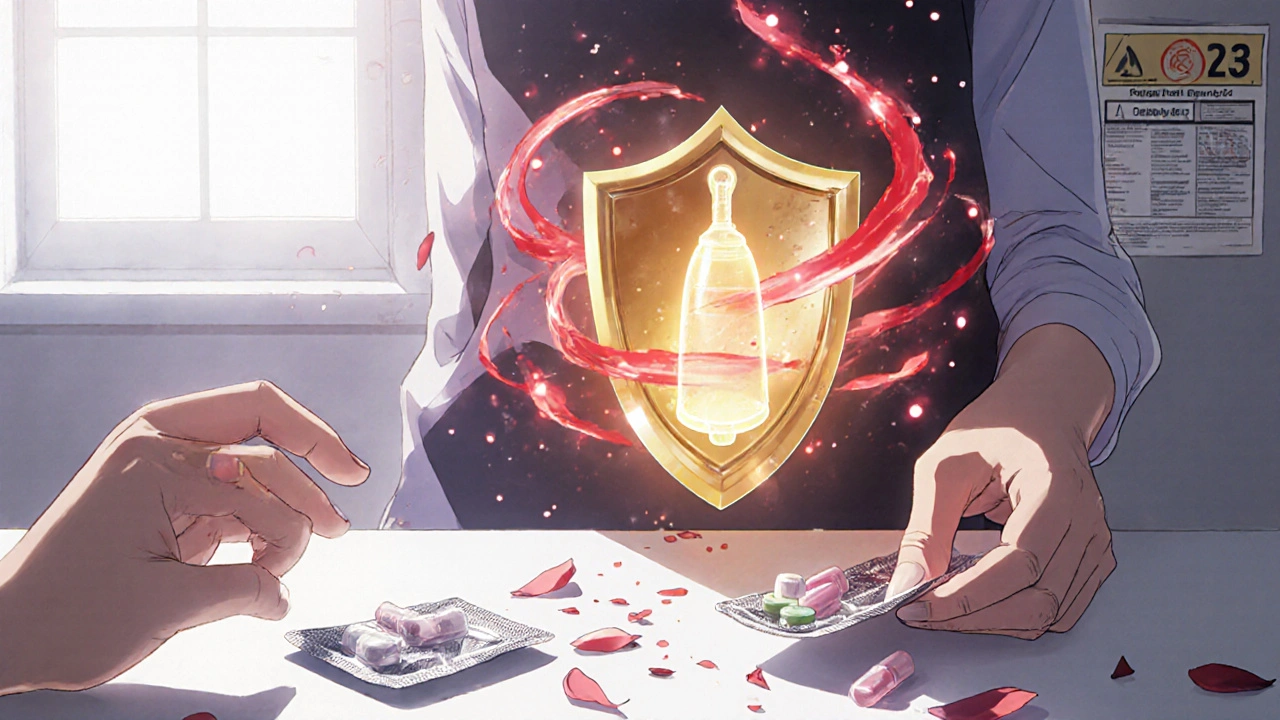 Copper IUD glowing with protective energy, repelling rifampin molecules while pills lie broken nearby.