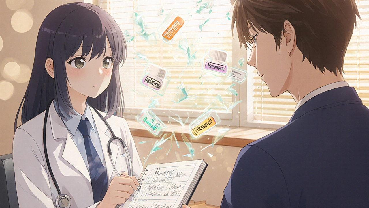 Doctor and patient in clinic as harmful drugs shatter, replaced by safer alternatives.