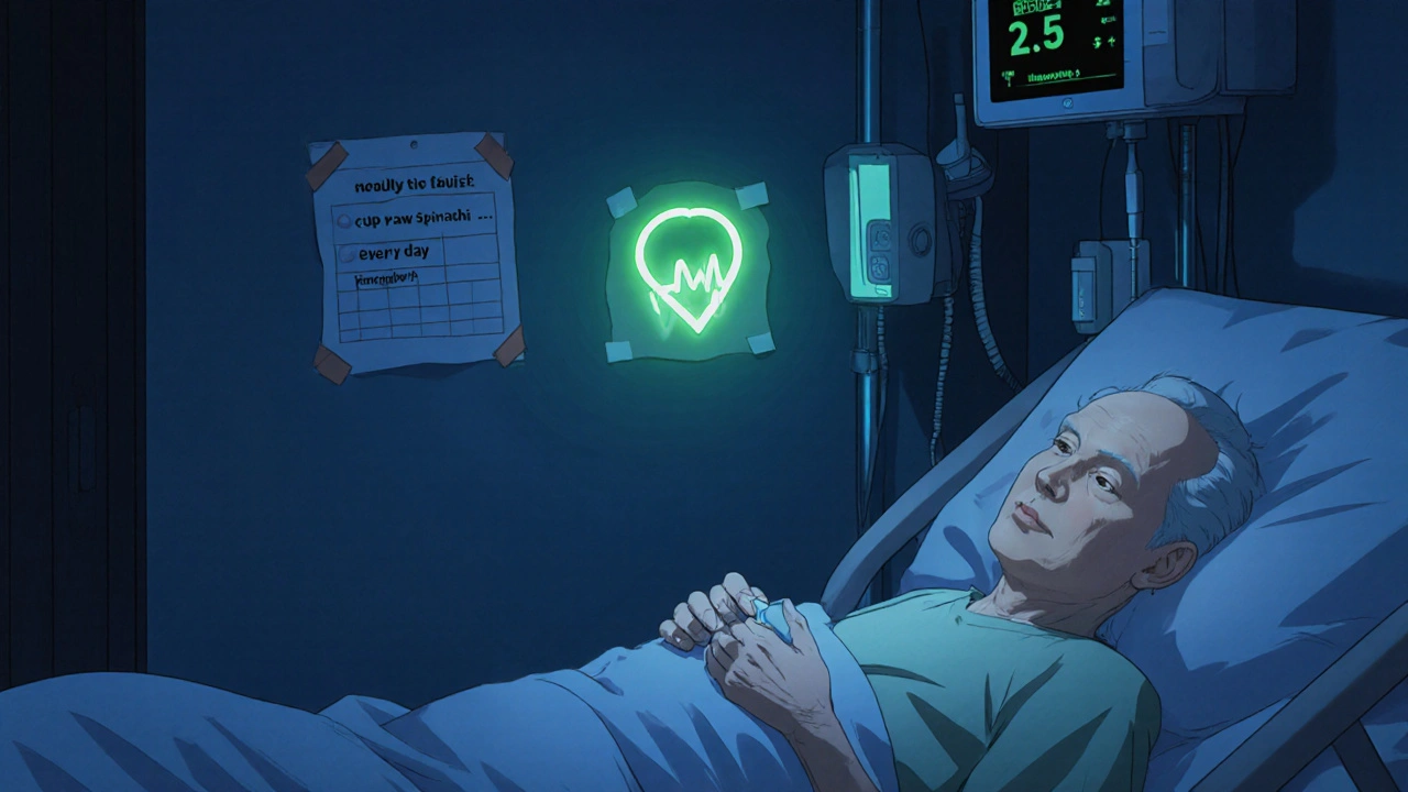 Elderly patient sleeping beside INR monitor, daily meal plan visible on wall.