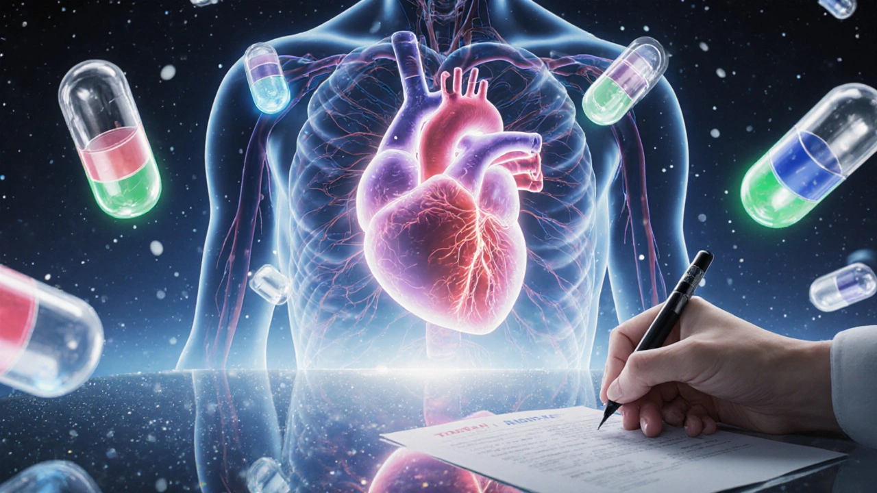 Four ED medications orbit a glowing heart, each with a colored aura, in a medical laboratory setting.