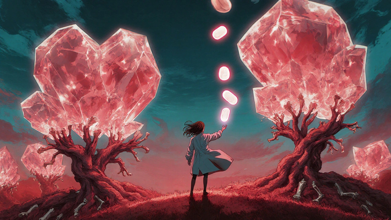 Giant phosphate crystals threaten human bodies as generic pills scatter like seeds, neutralizing the toxins with light.