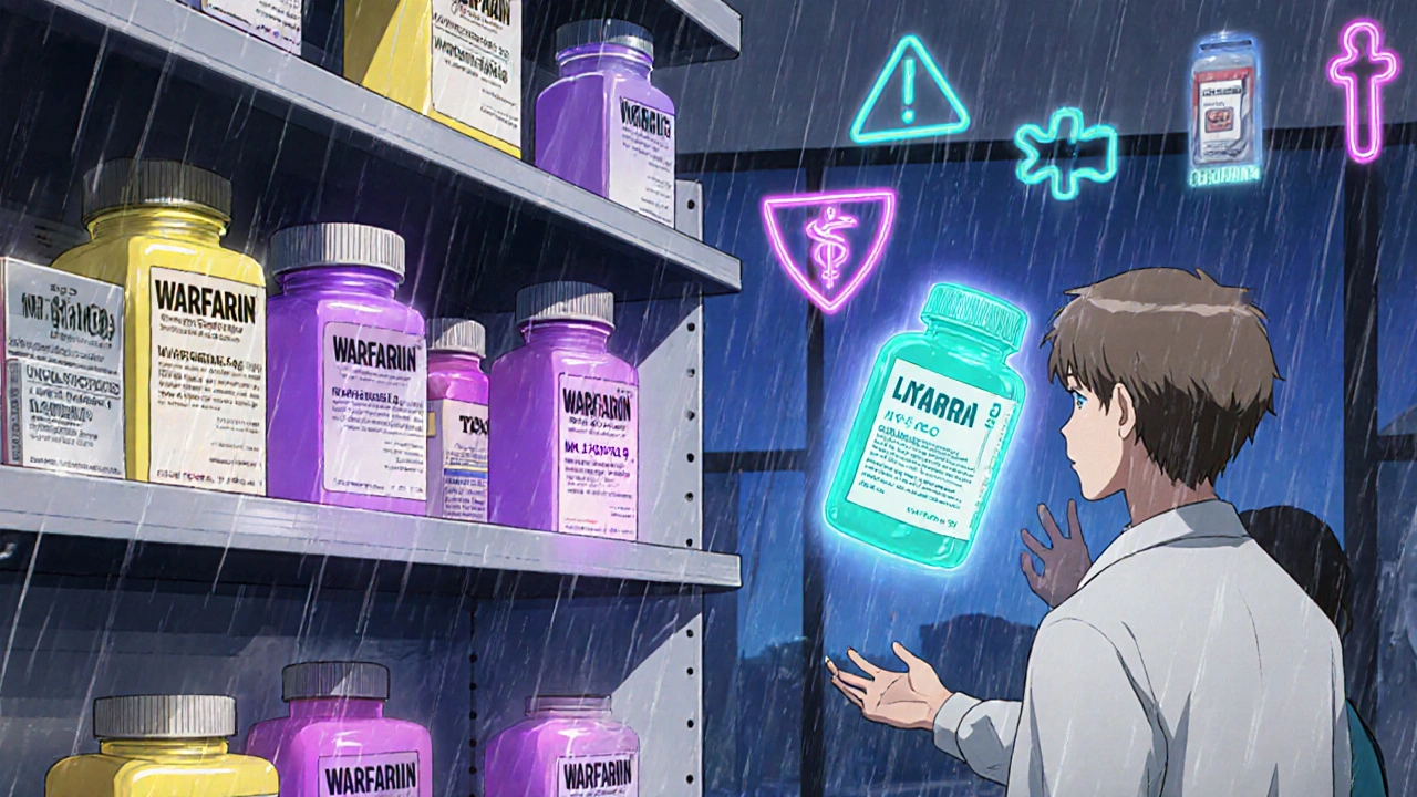 Patient in pharmacy aisle staring at warfarin generics with colored auras and fading previous pill.