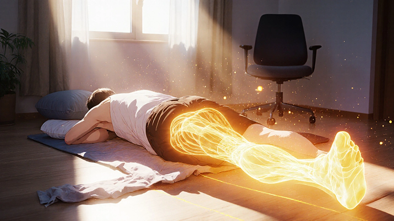 Person doing McKenzie extension on a mat, golden energy radiating from lower back down the leg to relieve sciatic pain.