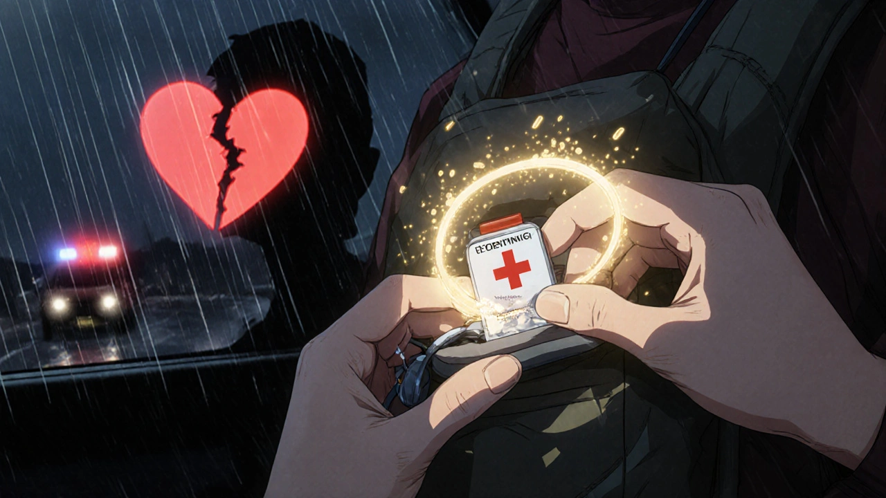 Person pulling aspirin from a travel kit, golden aura around pill as heart glows faintly in background.