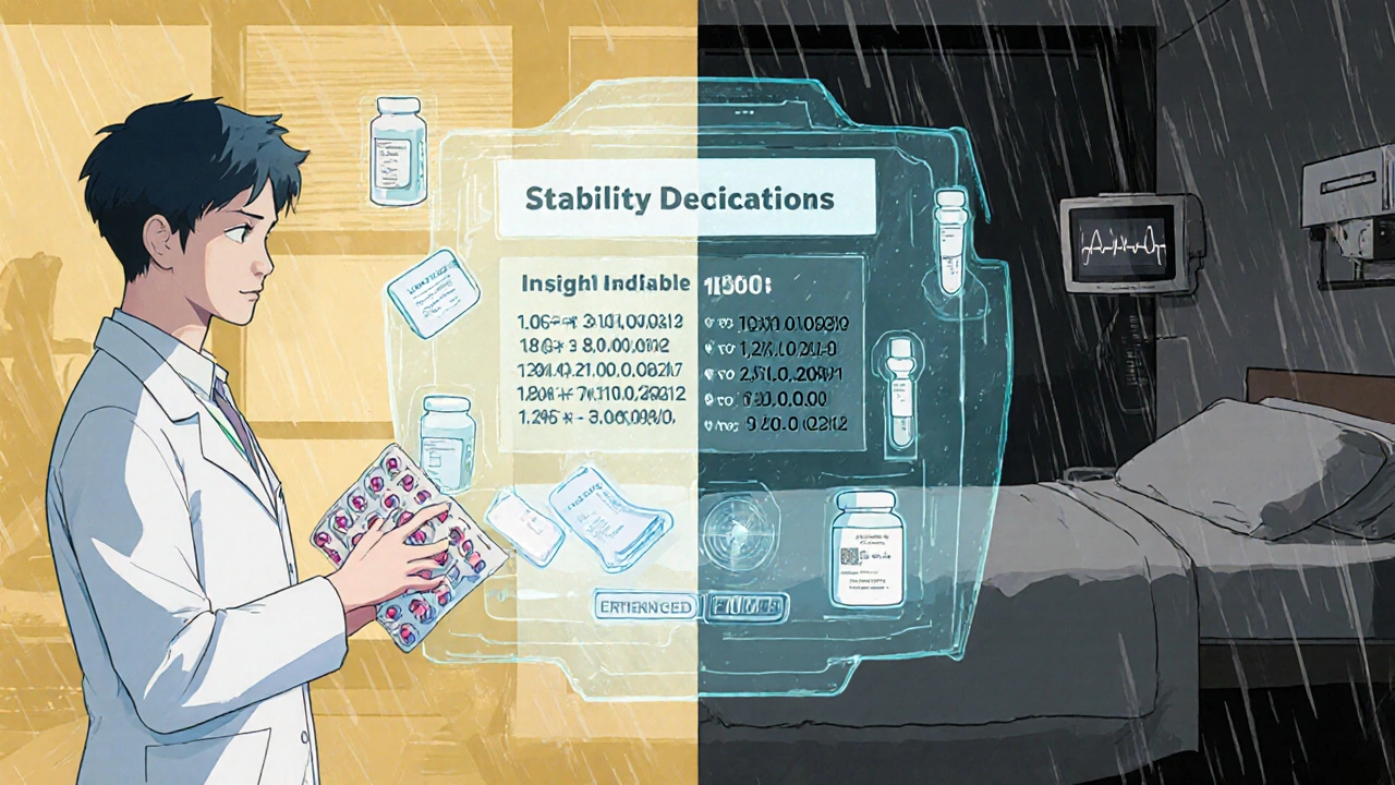 Pharmacist viewing a holographic stability database, with contrasting scenes of safe medication use and patient danger in the background.