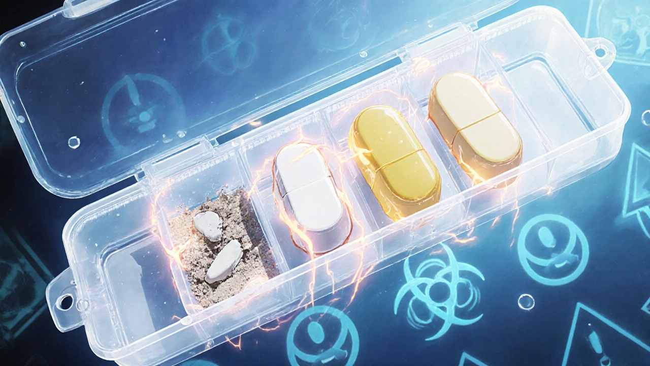 Pillbox with multiple medications showing signs of degradation: crumbling, discoloration, and moisture seepage between compartments.