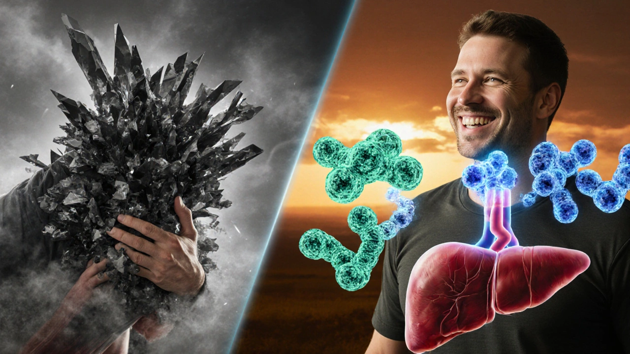 Side-by-side scene: man in pain from simvastatin vs. same man healthy with pravastatin, showing genetic-driven drug metabolism differences.