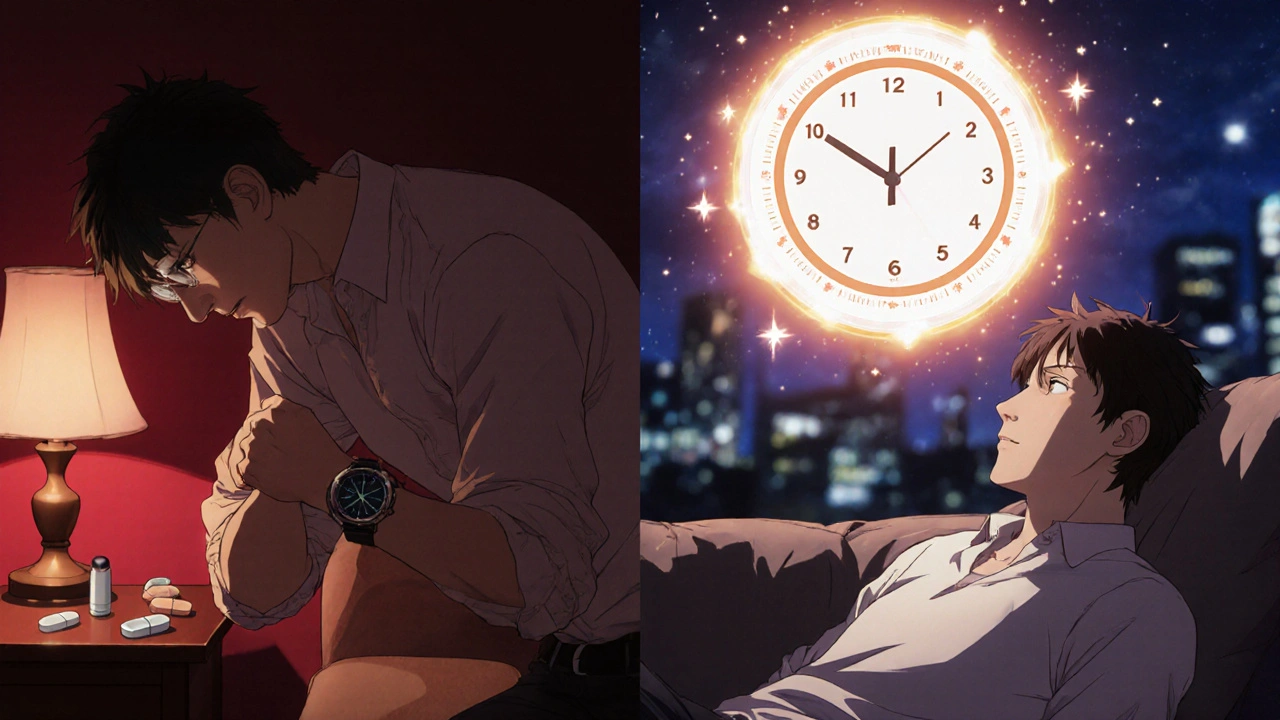 Split scene comparing anxiety with Viagra versus calmness with tadalafil, with time-themed visual metaphors.