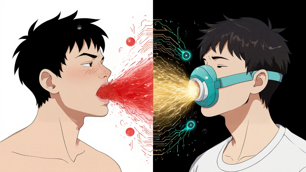 Split scene: one person struggling with CPAP pressure, another exhaling easily with BiPAP’s dual airflows.