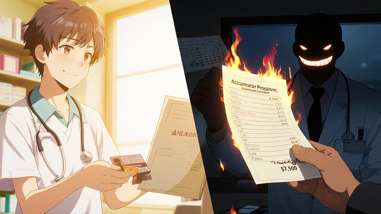 Split scene: patient receiving a copay card vs. later holding a massive medical bill in a hospital room.