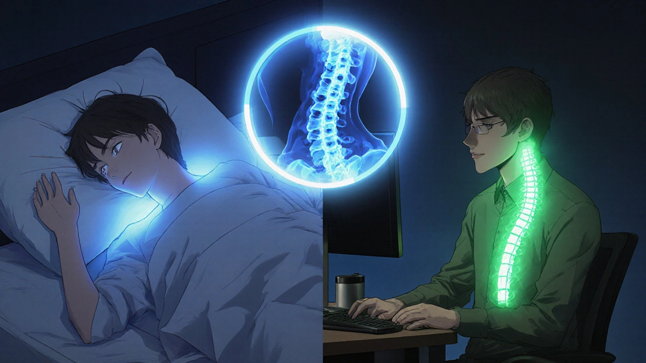 Split scene: person sleeping with supportive pillow and working at ergonomic desk, with protective energy fields around spine.