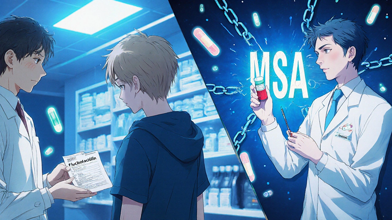 Split scene: pharmacist giving antibiotic prescription and doctor taking blood sample for MRSA test.