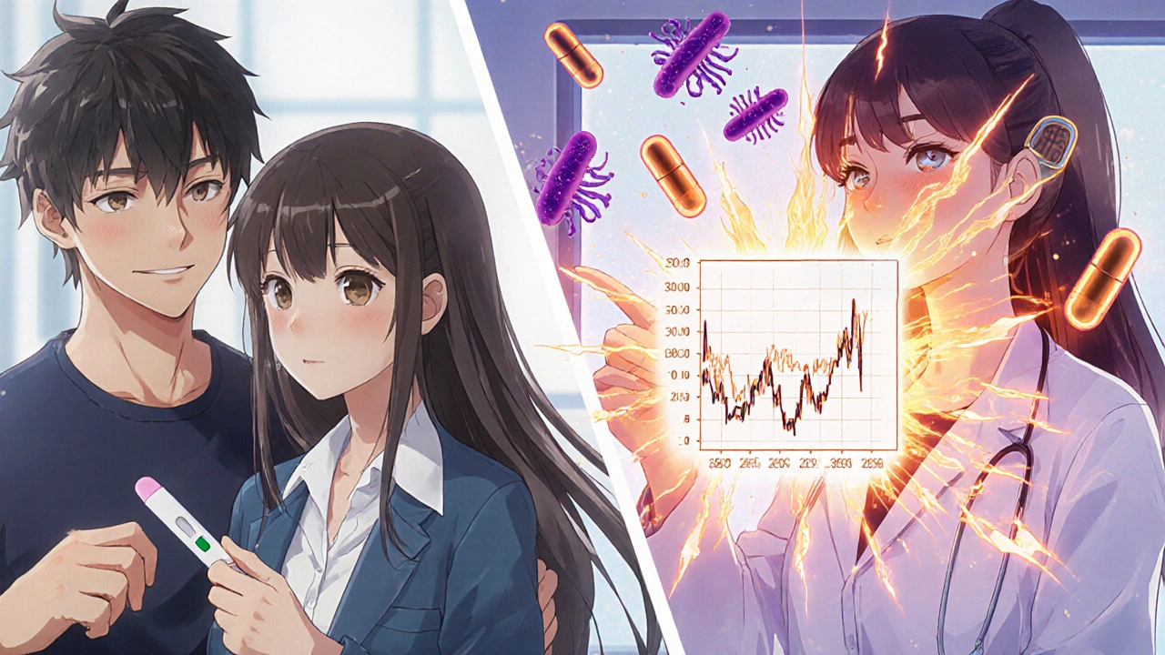 Split scene: pregnant woman vs. medical graph showing hormone levels crashing due to rifampin.