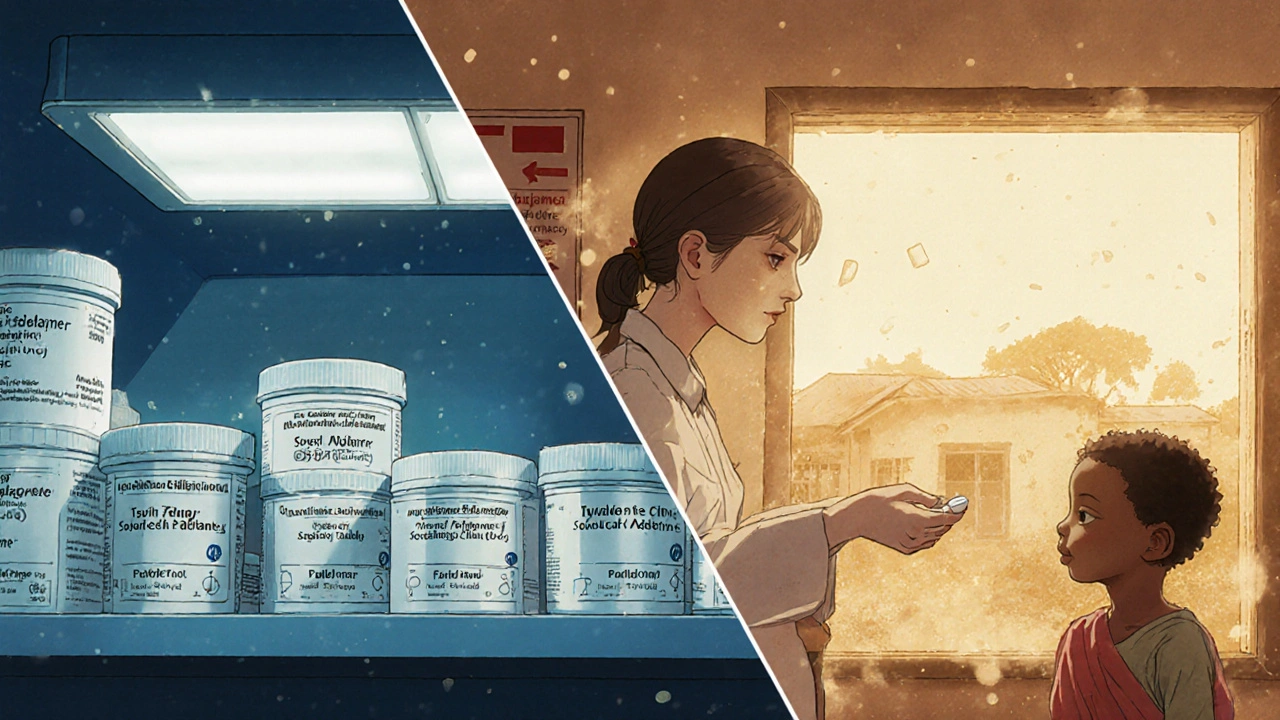 Split scene: U.S. pharmacy shelves vs. rural clinic handing out a single pill, symbolizing global access inequality.