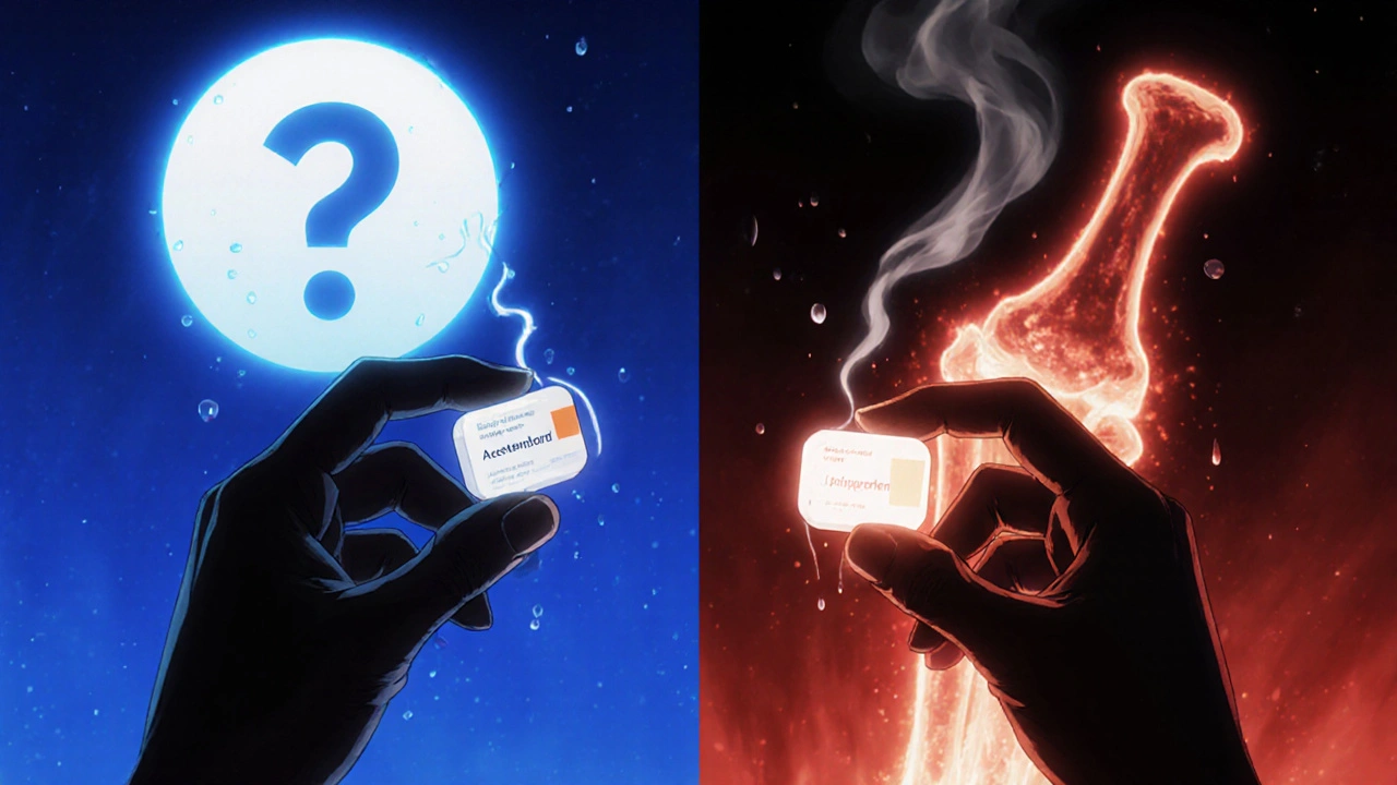 Two hands holding acetaminophen and ibuprofen, with symbolic backgrounds showing headache and inflammation.