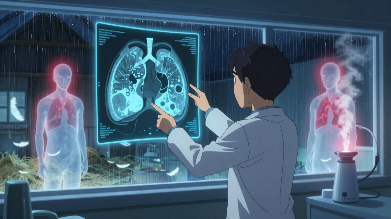 A doctor points at a glowing lung CT scan showing abnormal patterns, with three environmental trigger scenes floating behind.