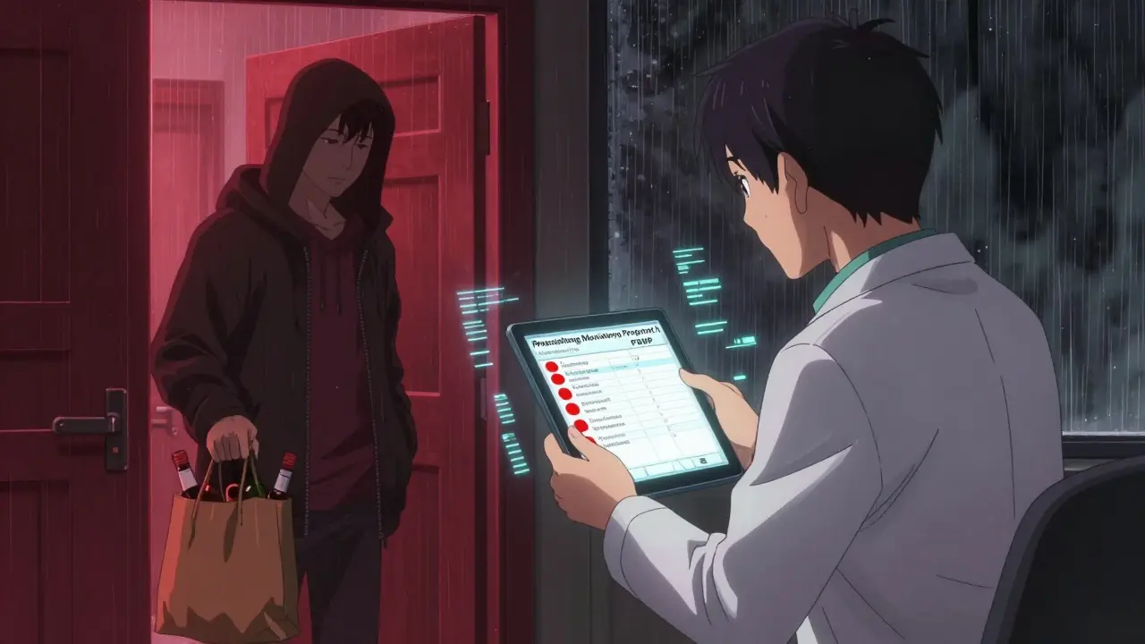 A doctor reviewing a PDMP dashboard with red alerts while a patient holds alcohol bottles in the doorway.