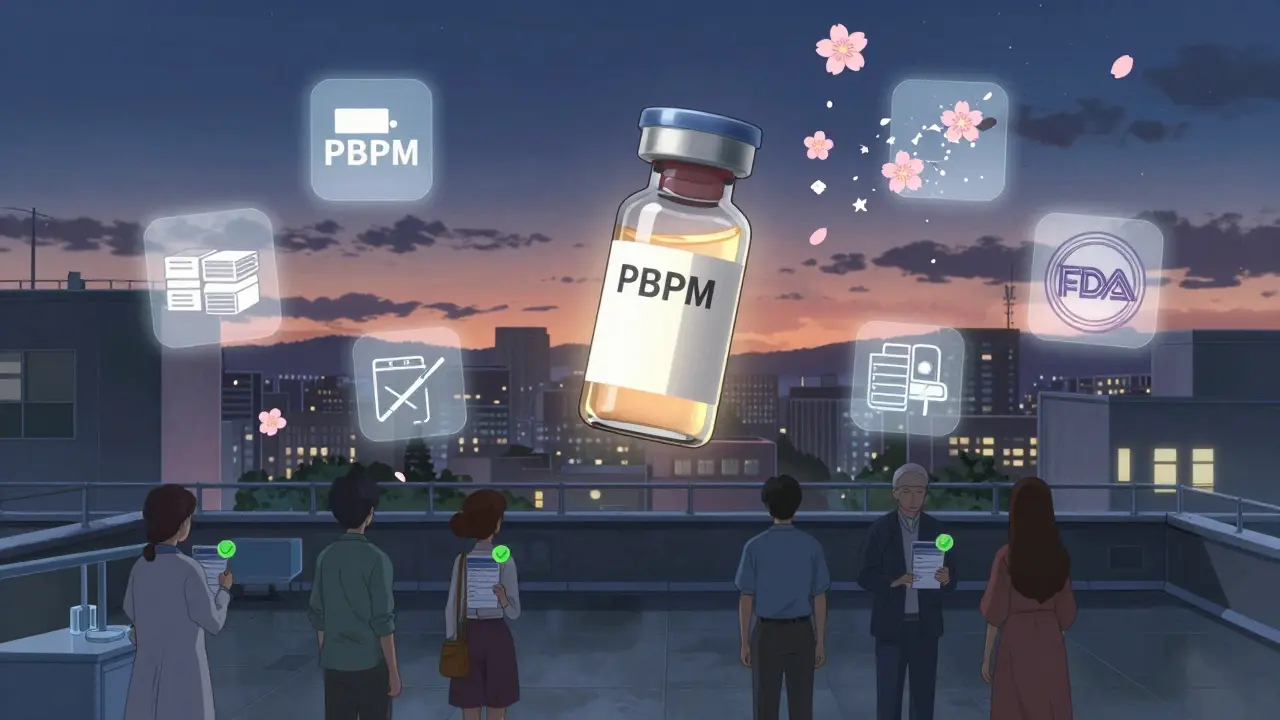 A glowing generic injectable hovers above a city as patients enter a clinic at dawn.