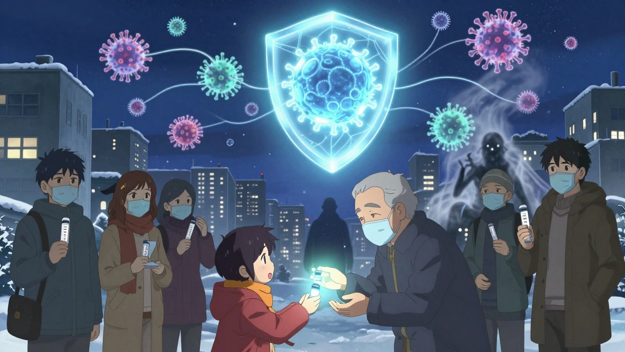 A glowing universal flu vaccine protects diverse people in a snowy city while the common cold virus dissolves into mist.