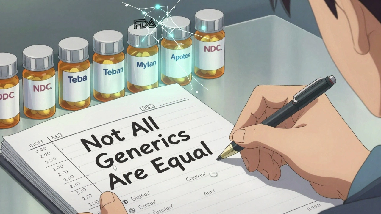 A hand writes in a medical log beside labeled pill bottles, with glowing NDC codes and a cracking FDA logo above.