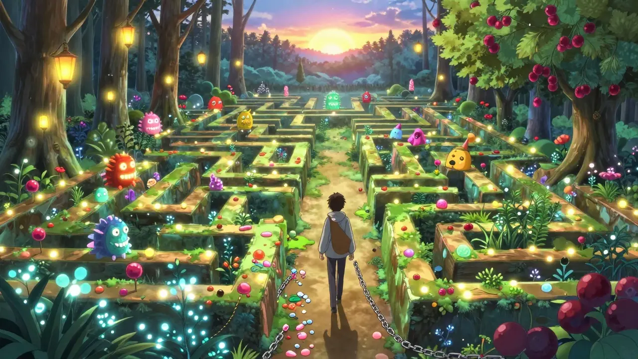 A journey through a candy labyrinth transforming into a natural forest of stevia and monk fruit.