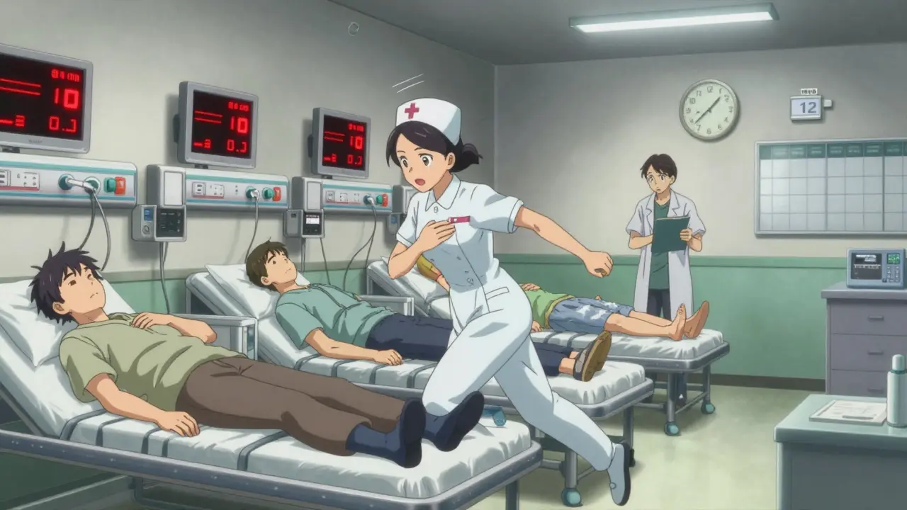 A nurse rushes between three patients in a crowded ER as clocks show 72-hour waits.