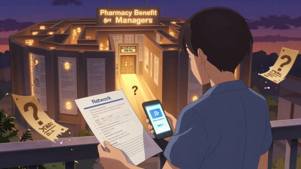 A person holds a printed network list and phone, standing before a massive structure labeled 'Pharmacy Benefit Managers'.