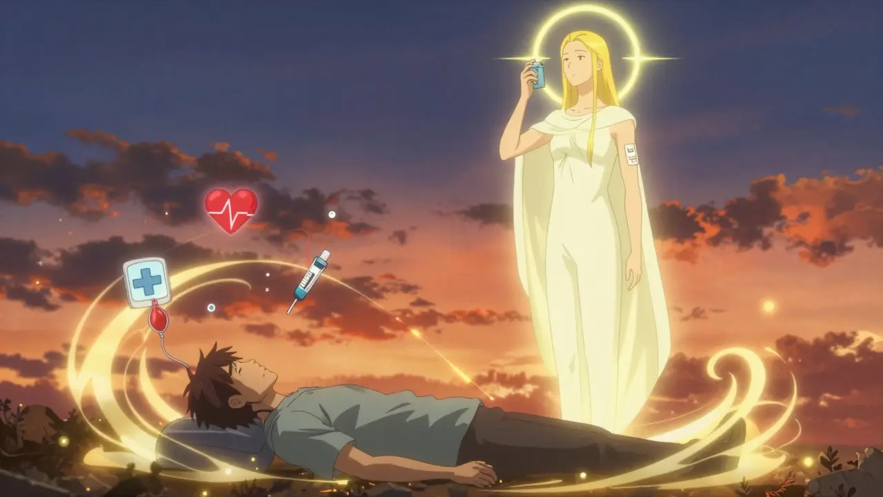 A person restored to strength at sunset, holding medical devices with sacred light surrounding them, symbolizing faith and health harmony.