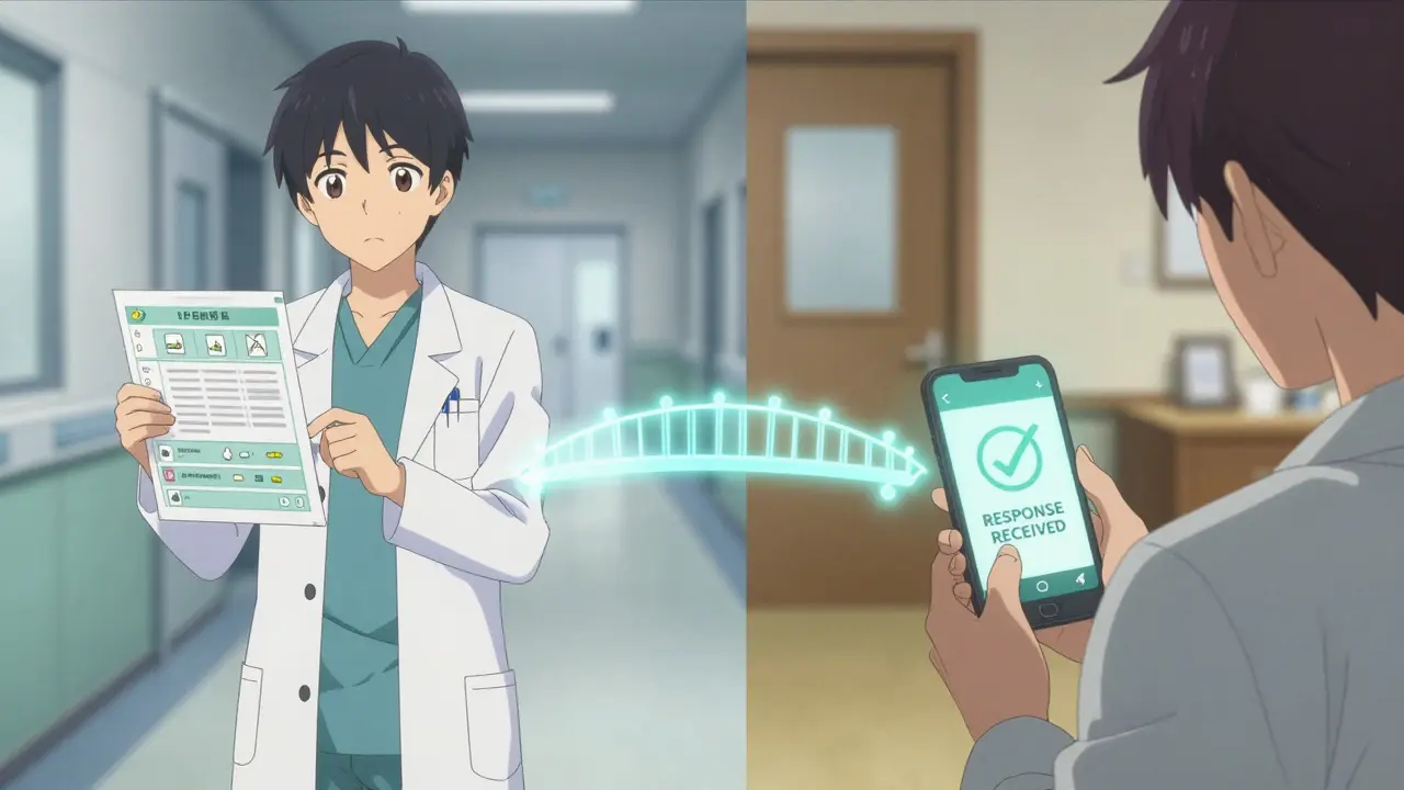 A pharmacist and patient connected by a bridge of encrypted light, symbolizing secure medical communication.