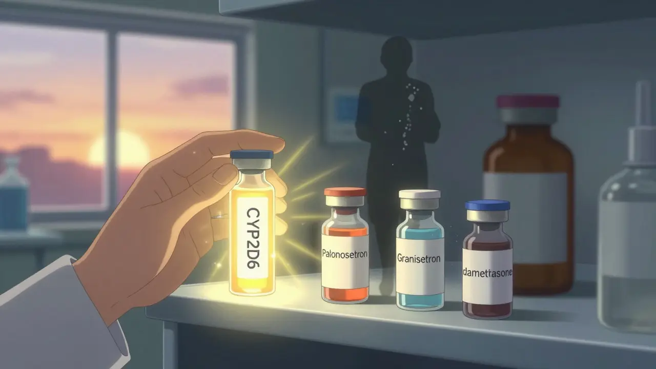 A pharmacist holding a genetic test vial as safer antiemetics glow beside them, while ondansetron fades into darkness under a sunrise.