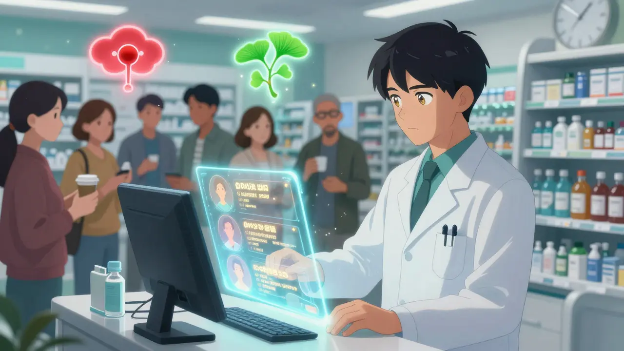 A pharmacist reviews holographic patient data in a high-tech pharmacy surrounded by floating drug interaction alerts.