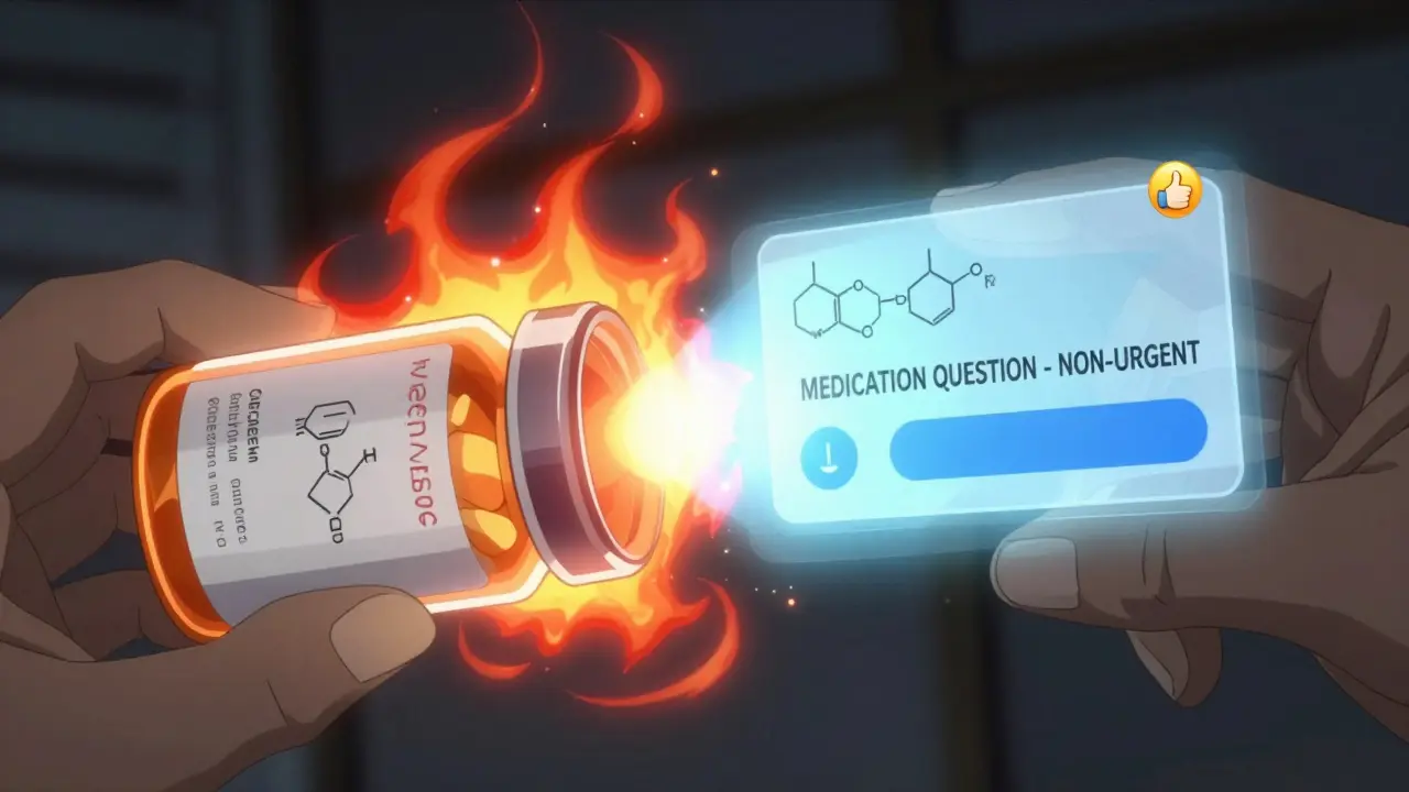 A pill bottle being scanned as dangerous flames are extinguished by a secure messaging app's blue light.