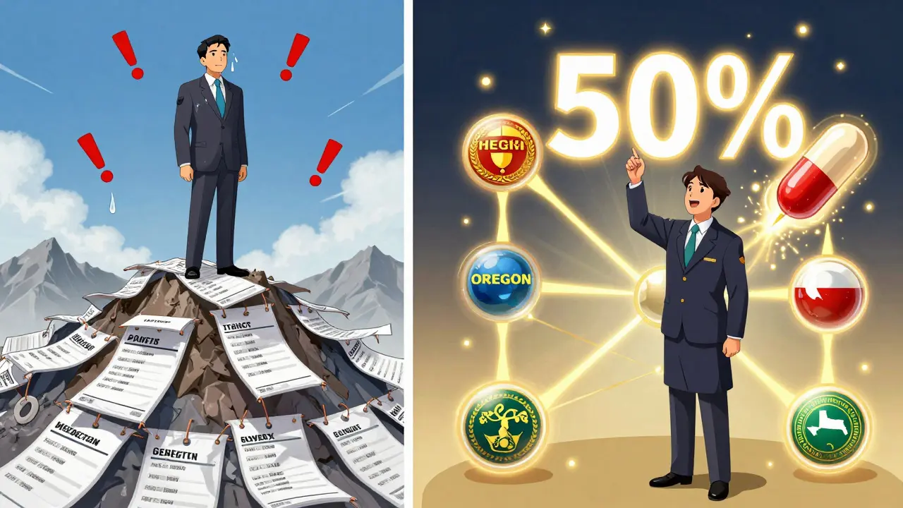 A regulator activates a multi-state drug purchasing network as price tags collapse into light.