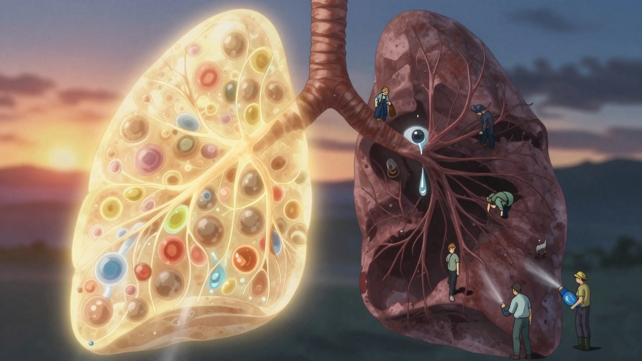 A split image of a healthy lung versus a scarred one, with people sinking into the damaged lung as antibodies float above.