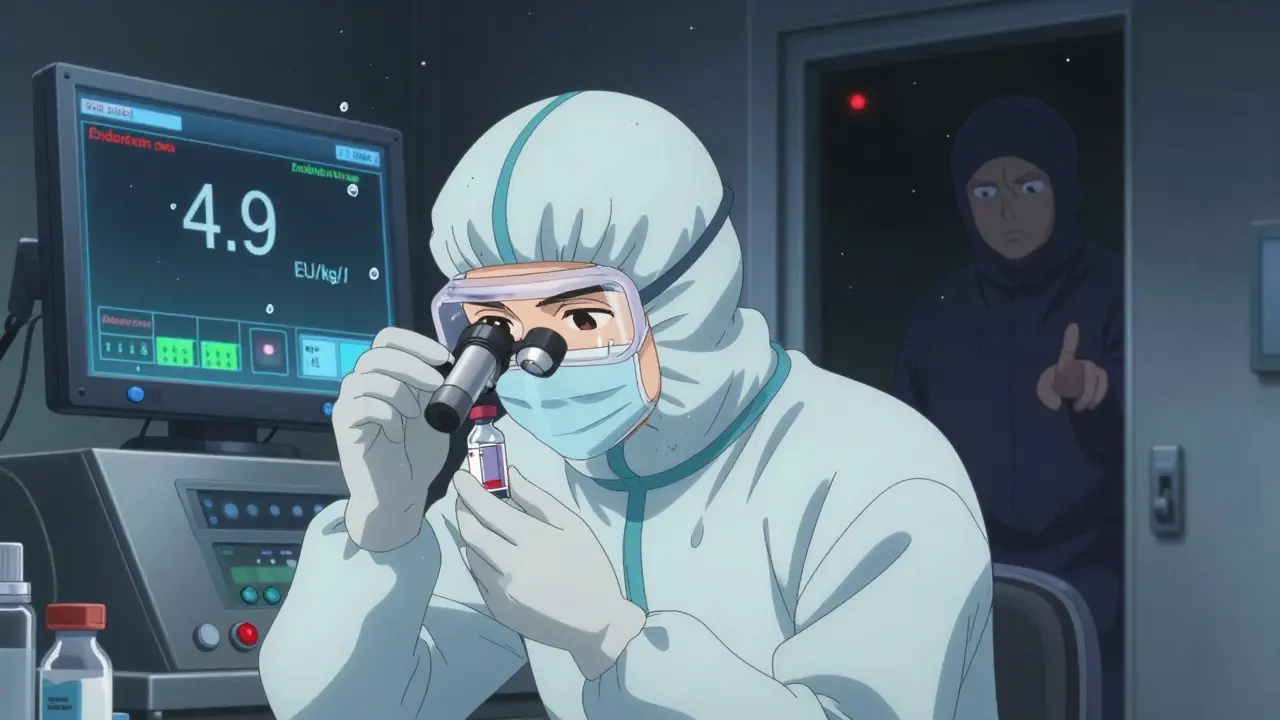 A technician inspects a vial with microscopic particles floating around it under intense light.