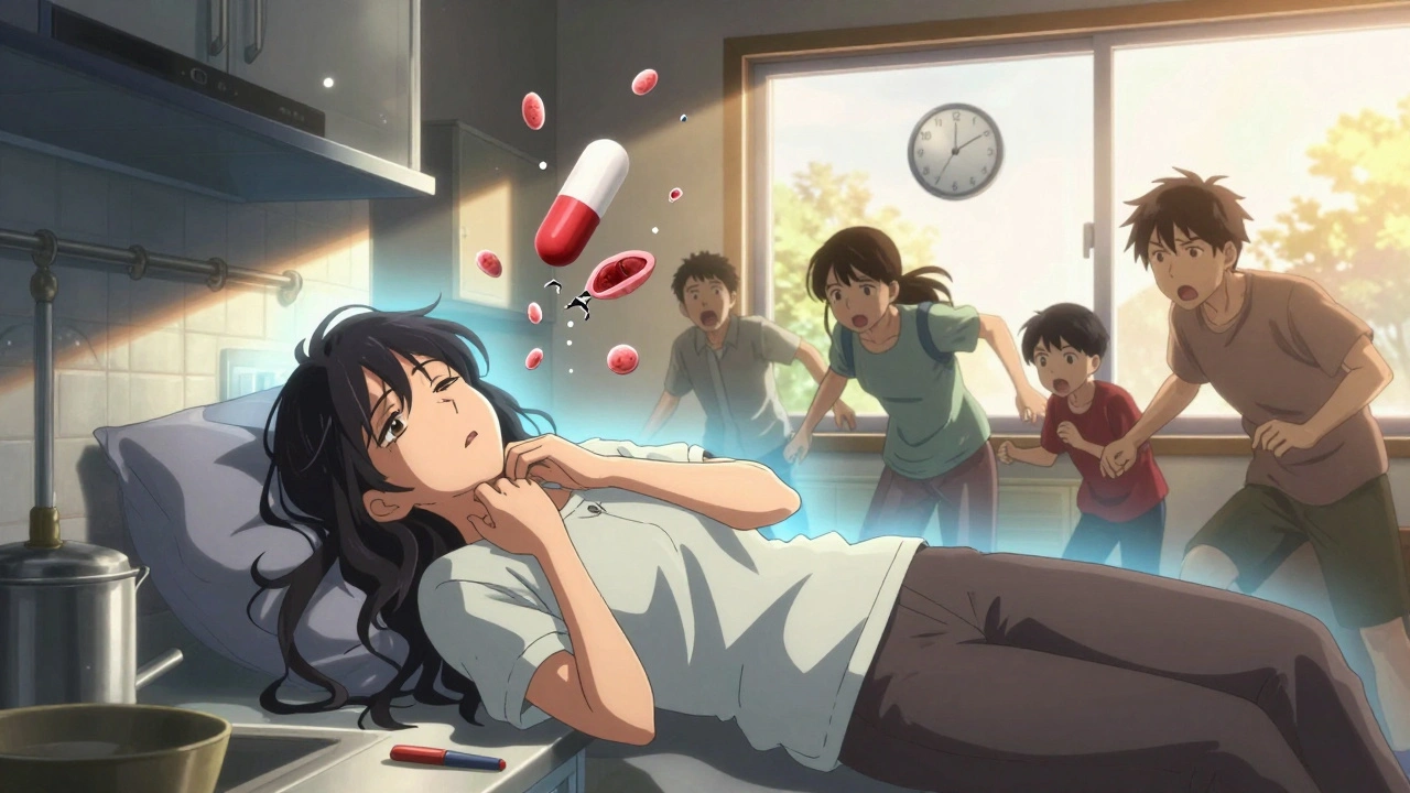 A woman collapsing in her kitchen while family rushes to help, golden light and symbolic heart fragments around her.