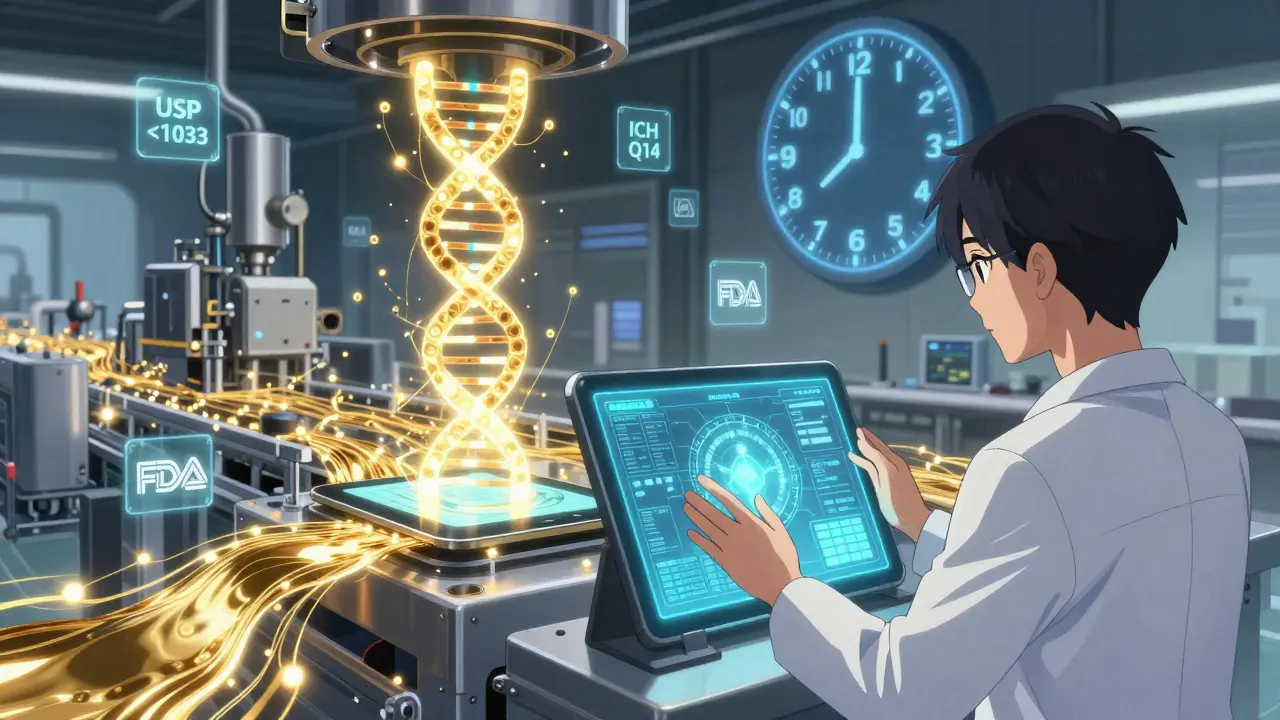 AI algorithms flow through digital networks as a human analyst verifies a tablet's release with a blockchain.