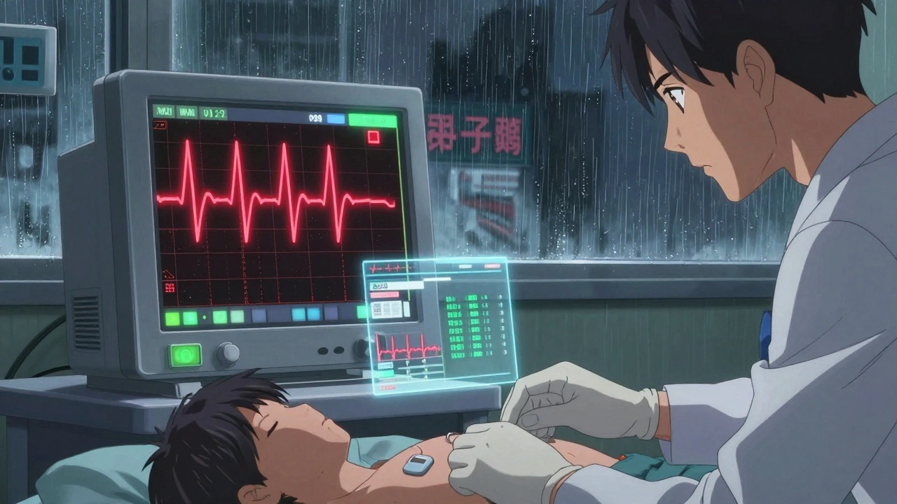 An ECG monitor displays a critical heartbeat as medical staff work urgently beside a patient.