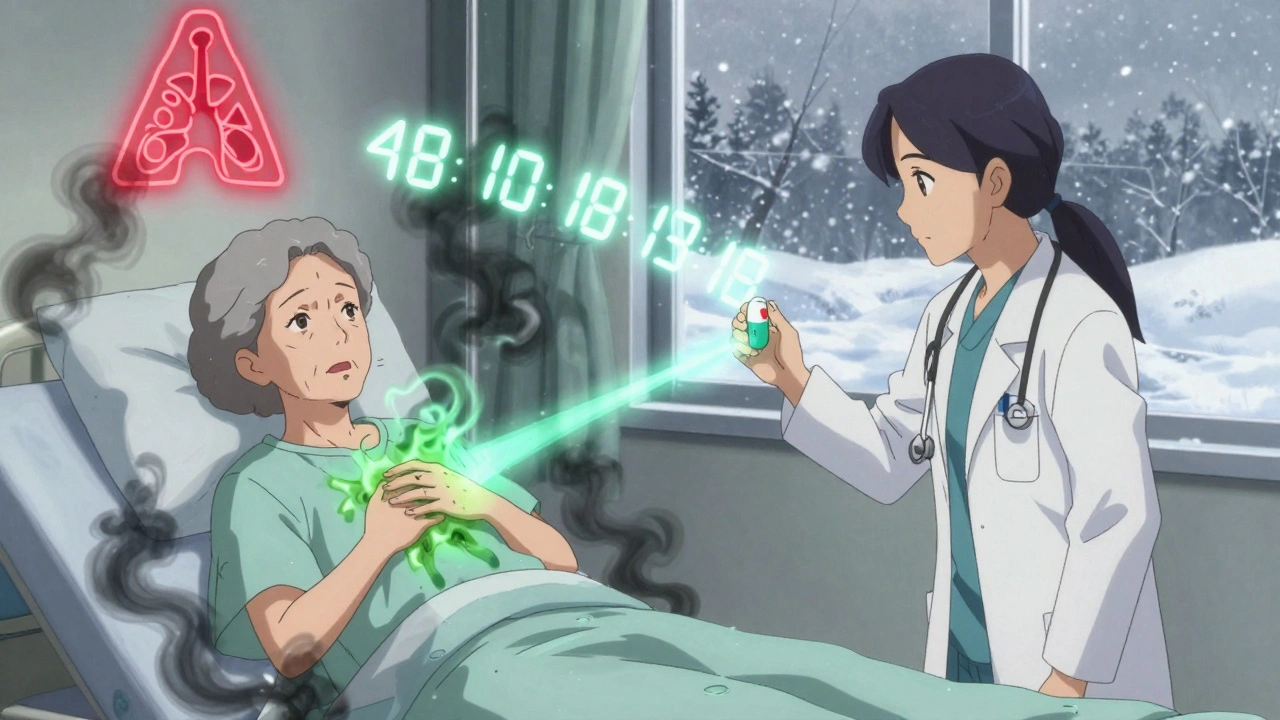 An elderly patient in hospital with swirling phlegm smoke as a doctor administers antiviral treatment with a glowing pill.