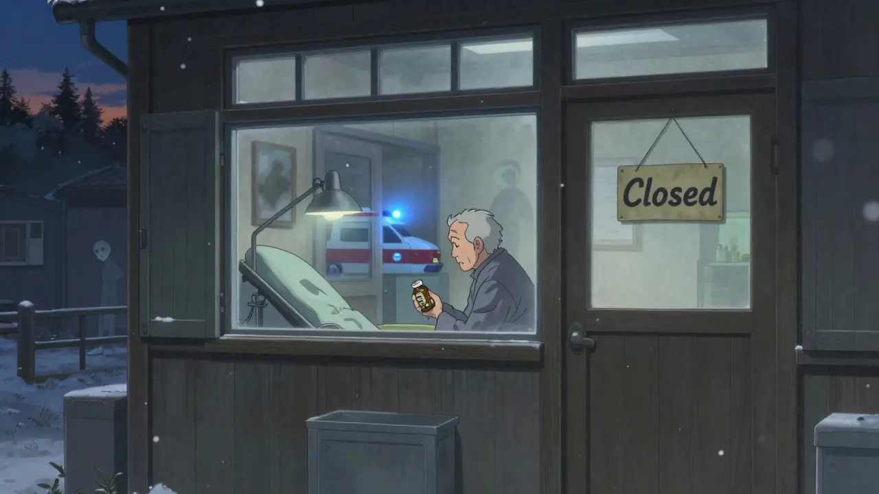 An elderly patient sits alone in a closed rural clinic as snow falls outside.
