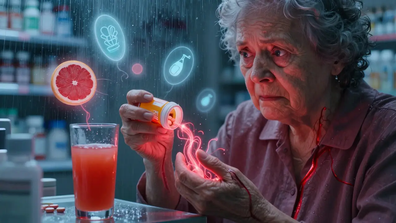 An elderly woman holds grapefruit juice next to heart medication, with glowing red warning tendrils in her bloodstream.