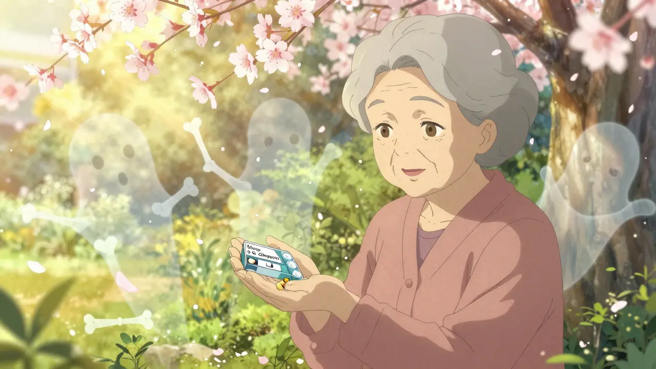 An elderly woman in a garden holding a low-dose gabapentin pill, cherry blossoms floating around her in serene sunlight.