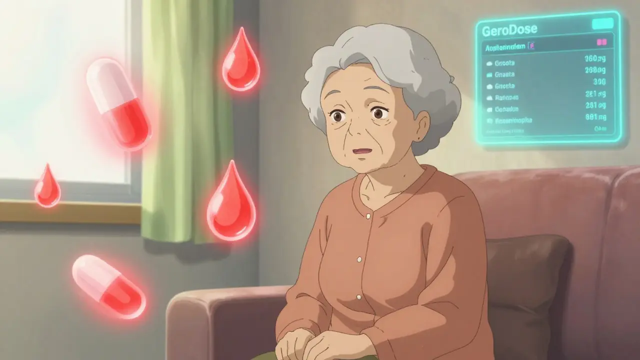 An elderly woman surrounded by glowing medication halos, with digital metabolic calculations softly visible in the air.