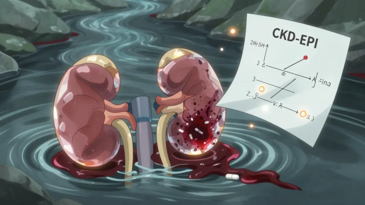 Crystalline kidneys filtering blood with one clogged by accumulated drugs, floating medical formulas in the background.