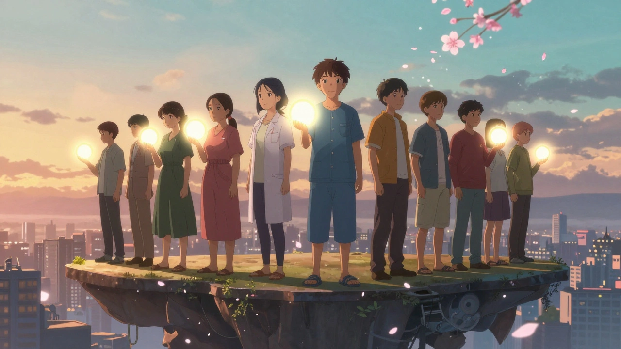 Diverse patients on a floating platform holding glowing orbs of remission, surrounded by falling cherry blossoms at dawn.