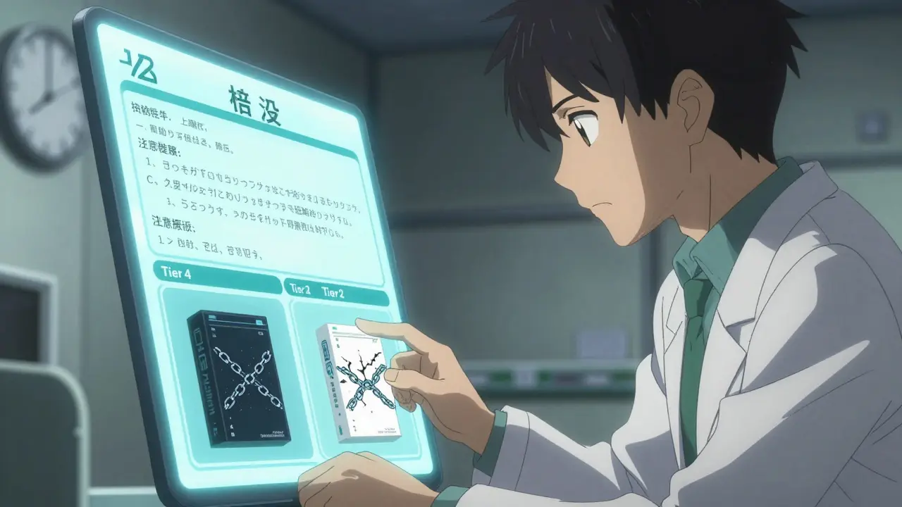 Doctor reviewing formulary on tablet, clinical justification glowing above screen.