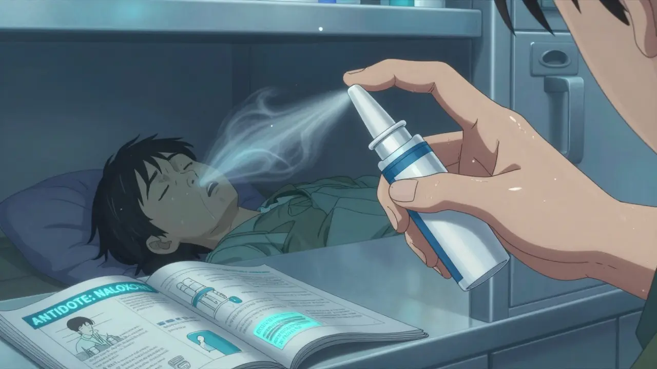 Family member administering naloxone to someone unconscious, medical guide visible on counter.